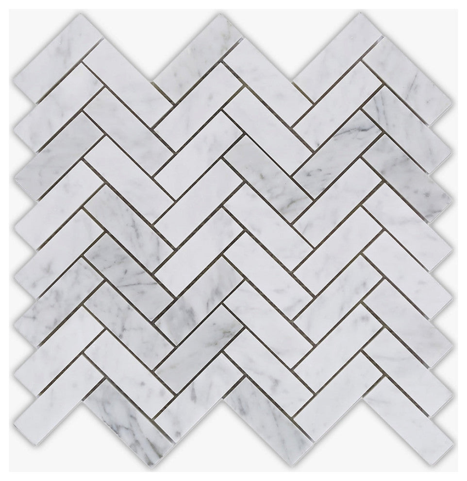 White Carrara Polished 1x3 Herringbone Marble Mosaic