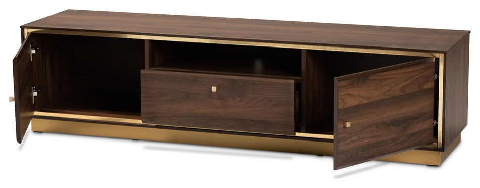 Mid-Century Modern Walnut Brown Finished Wood Gold Metal 2-Door TV Stand