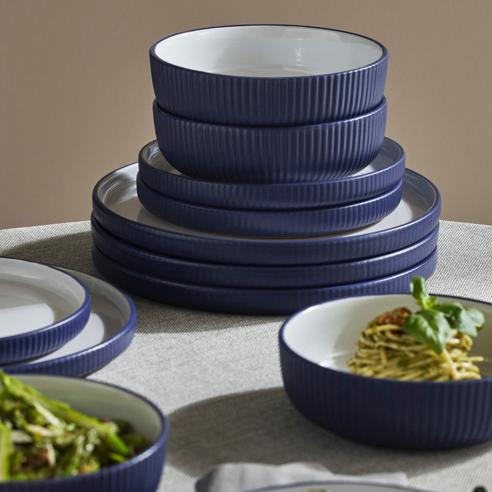Christian Siriano Laro Stoneware 12 Piece Dinnerware Set, Dark Blue