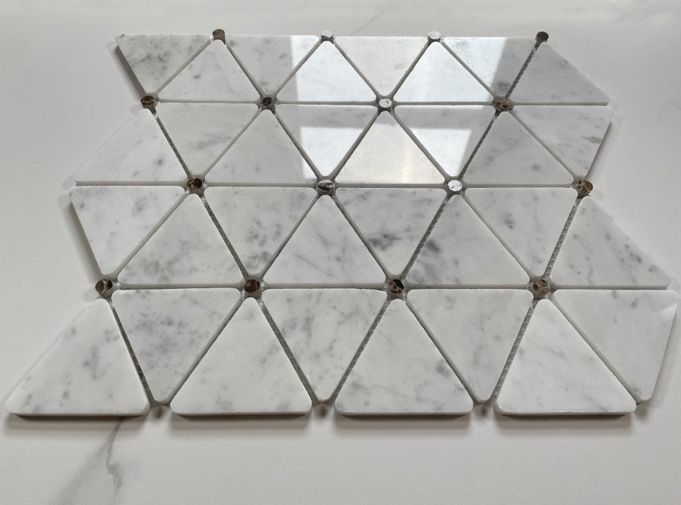 White Carrara Marble Triangle Mosaic Tile Emperador Dark Dots Polished, 1 sheet