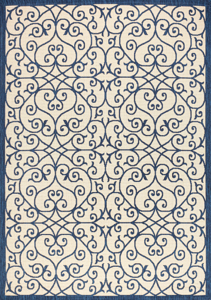 Madrid Vintage Filigree Textured Weave Indoor/Outdoor, Navy/Beige, 3 X 5