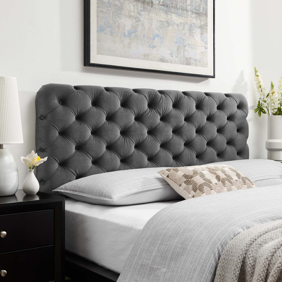 Tufted Headboard, Twin Size, Velvet, Dark Gray, Modern Contemporary