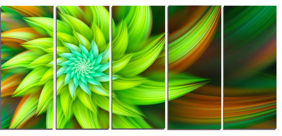 Huge Clear Green Fractal Flower, Floral Canvas Art Print, 60"x28", 5 Panels