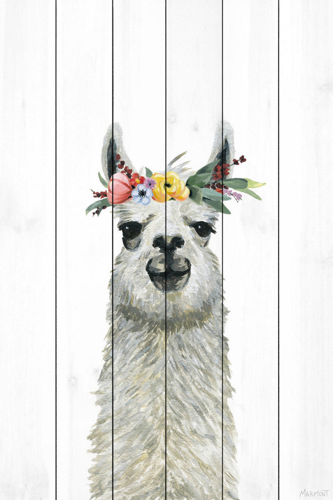 "Flower Crowned Llama" Painting Print on White Wood, 8x12