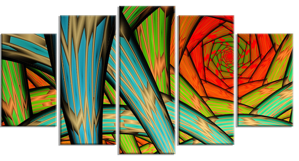 Green Fractal Endless Tunnel, Contemporary Canvas Art Print, 60"x32", 5 Panels