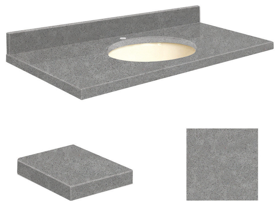 Quartz 49"x19" Vanity Top, Single Faucet Hole, Urban Grey, Biscuit Bowl