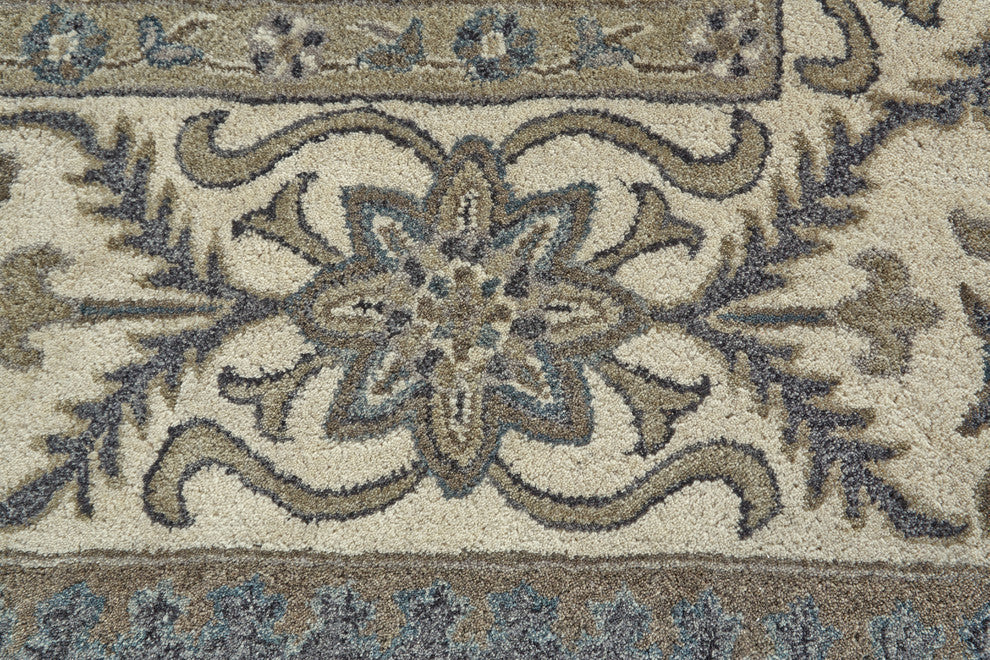 Weave & Wander Botticino Diamond Floral Persian Wool Rug, Navy/Grey/Beige, 10' R