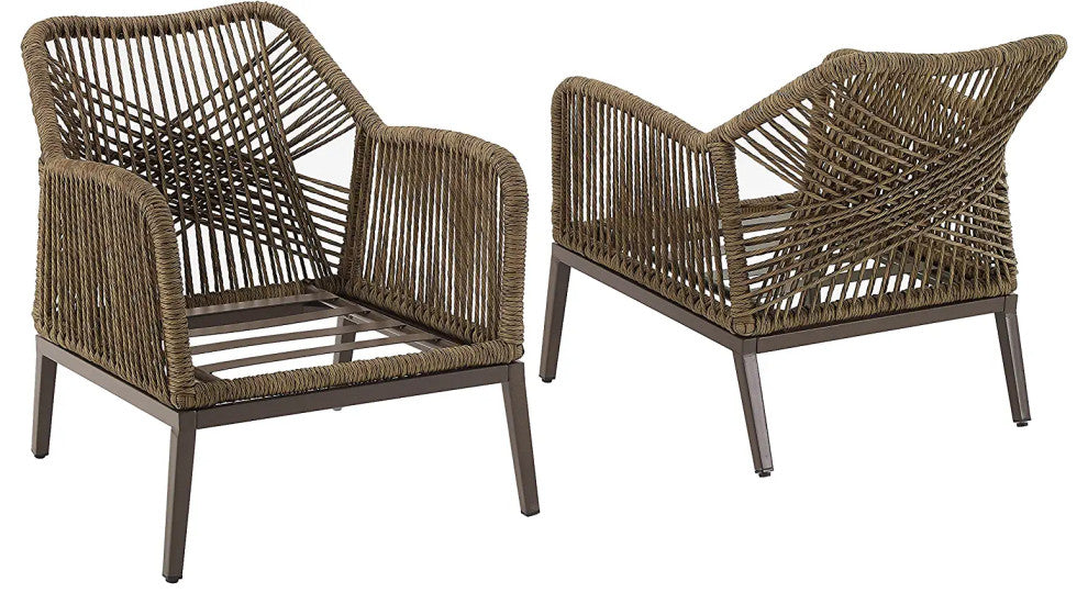 Set of 2 Patio Lounge Chairs with Light Brown Rope and Gray Cushions
