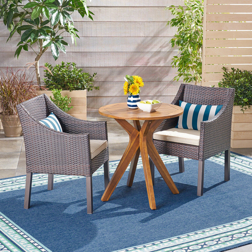 GDF Studio 3-Piece Dye Outdoor Teak Acacia Wood and Wicker Bistro Set