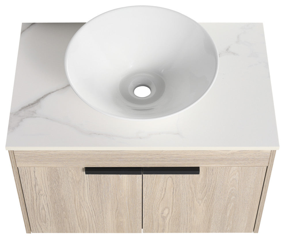 Wall-Mounted Bath Vanity, White Oak, White Ceramic Vessel Sink