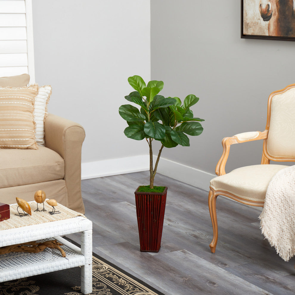 39" Fiddle Leaf Fig Artificial Tree, Bamboo Planter