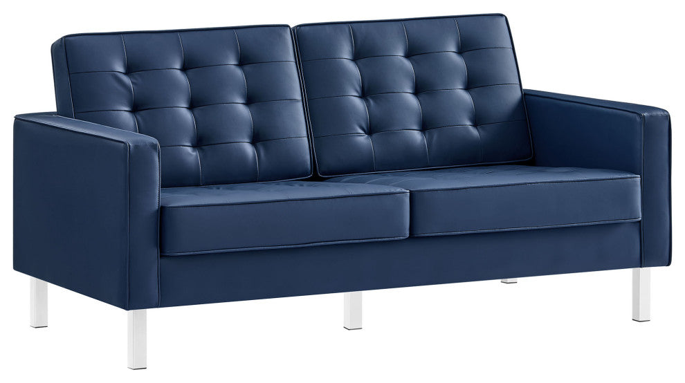 Loft Tufted Upholstered Faux Leather Loveseat Silver Navy