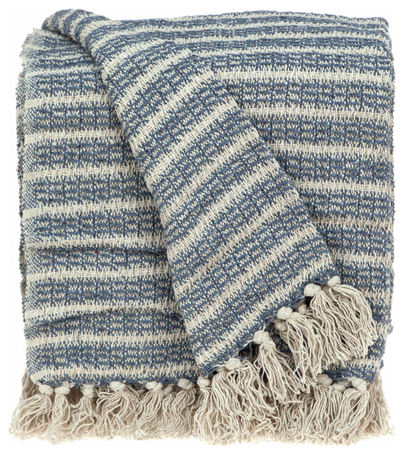 Blue Gray and Beige Cotton Handloom Throw Blanket