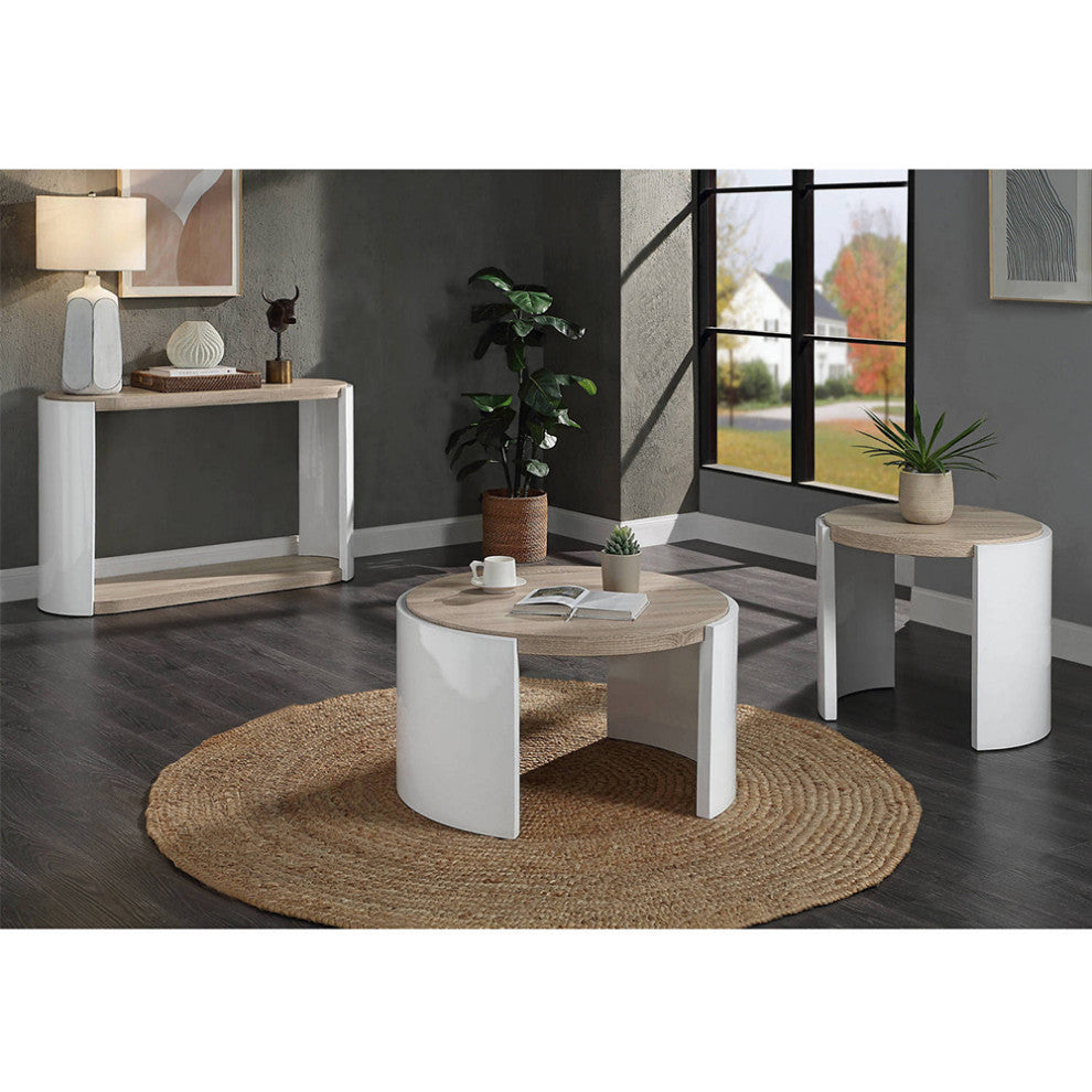 Round Wooden End Table, High Glos White and Oak