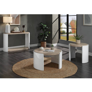 Round Wooden End Table, High Glos White and Oak