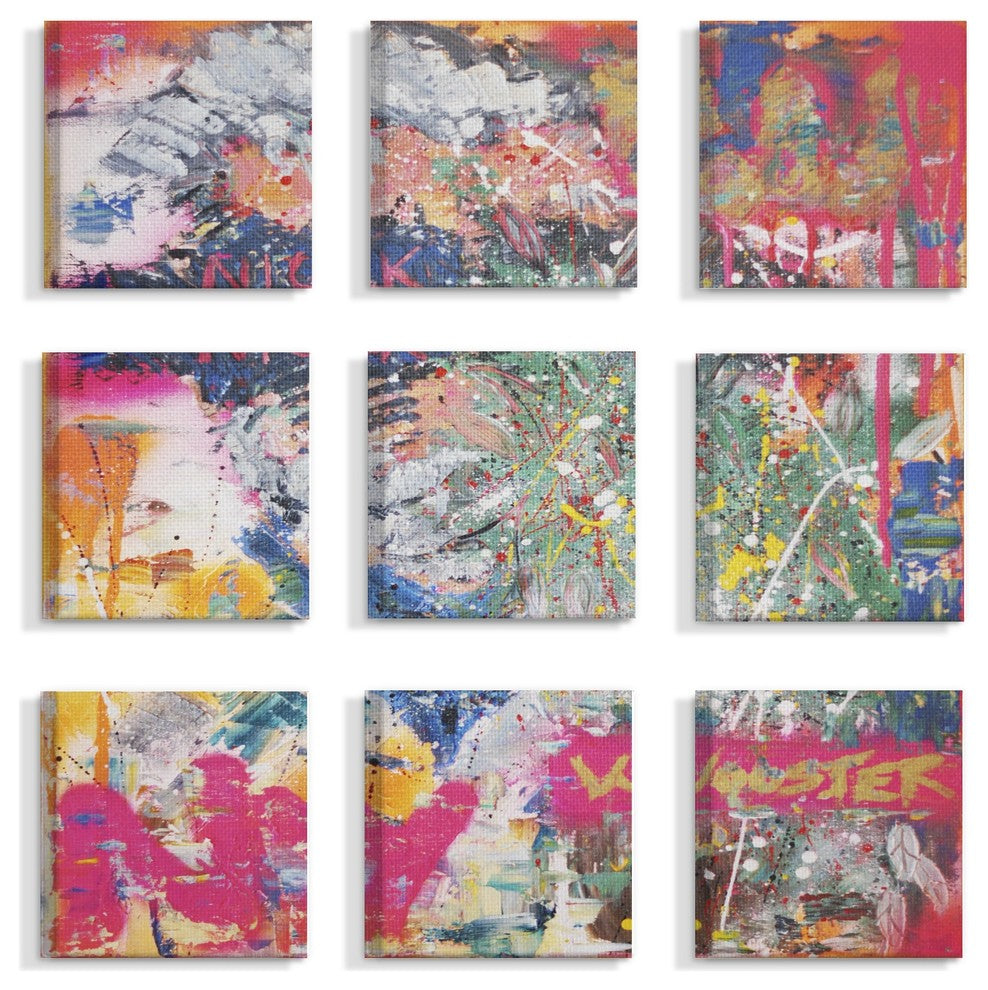 Colorful Paint Splatter Art Graffiti Painting 9-Piece Canvas Art Set, 12"x12"