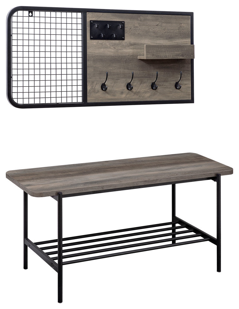 2 Piece Metal and Wood Bench with Wall Organizer - Grey Wash