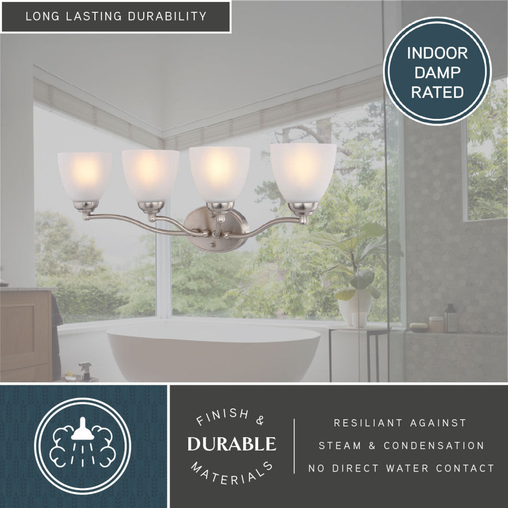 Bellwood 13.5" 2-Light Traditional Nickel Bathroom Vanity Fixture, Glass Shade, Satin Nickel, 4-Light