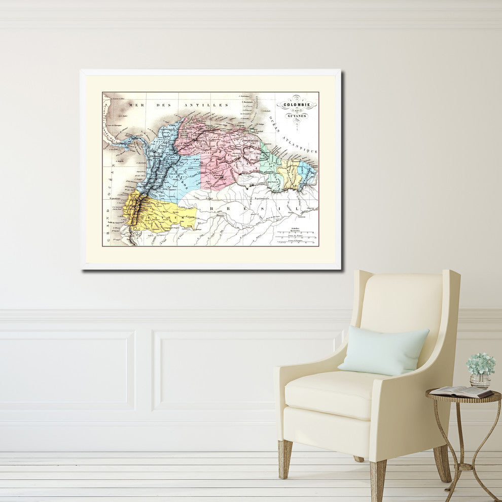 Columbia Venezuela Guianna Old Map Print On Canvas With Picture Frame 28" X 37"