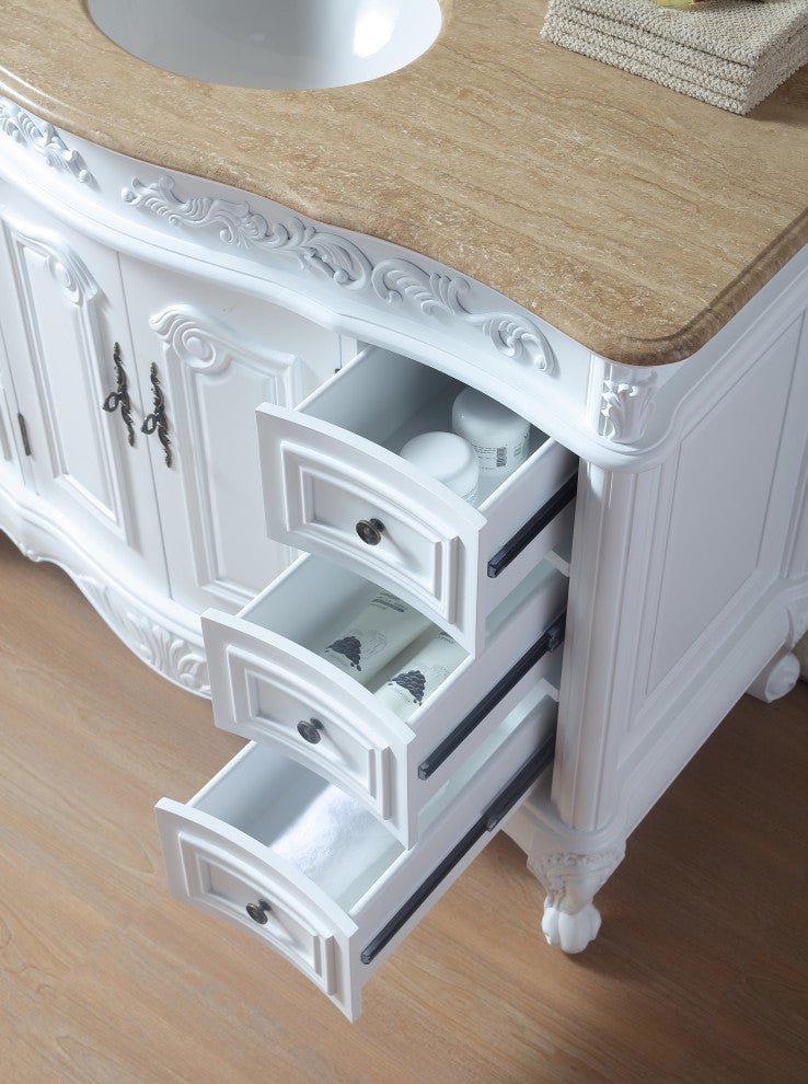Cassandra 48" Single Sink Bathroom Vanity, White Cabinet, Travertine Marble Top