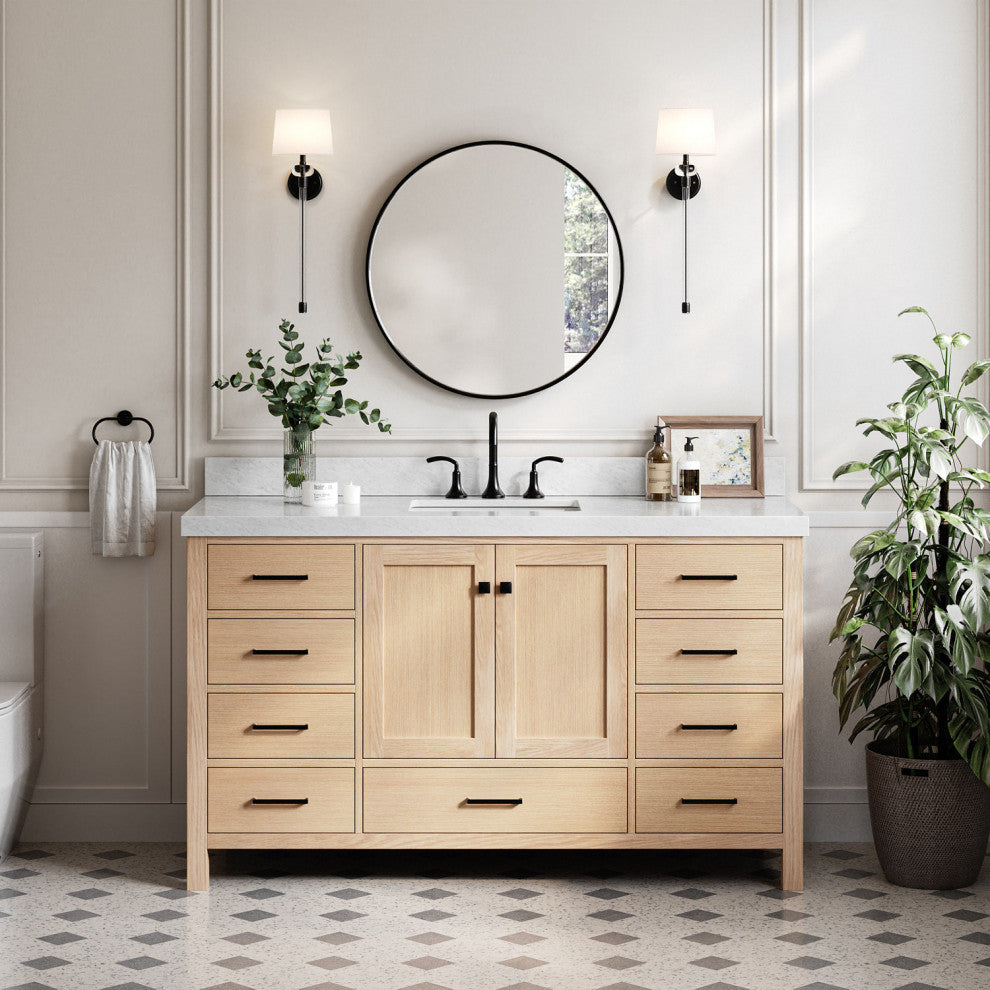 Cambridge 60" Single Bath Vanity With Italian Carrara Marble Top, Oak