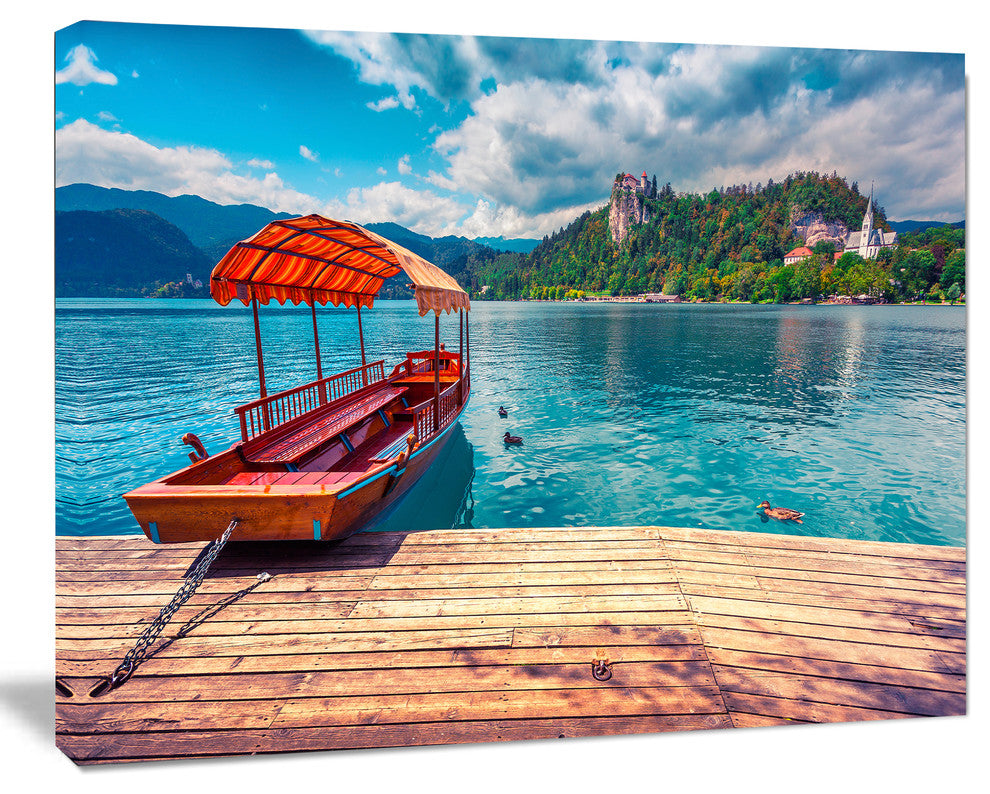 Boat in Lake Bled In Julian Alps, Large Landscape Canvas Art Print, 60"x28"