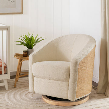 Madison Swivel Glider, Ivory Boucle & Cane With Light Wood Base