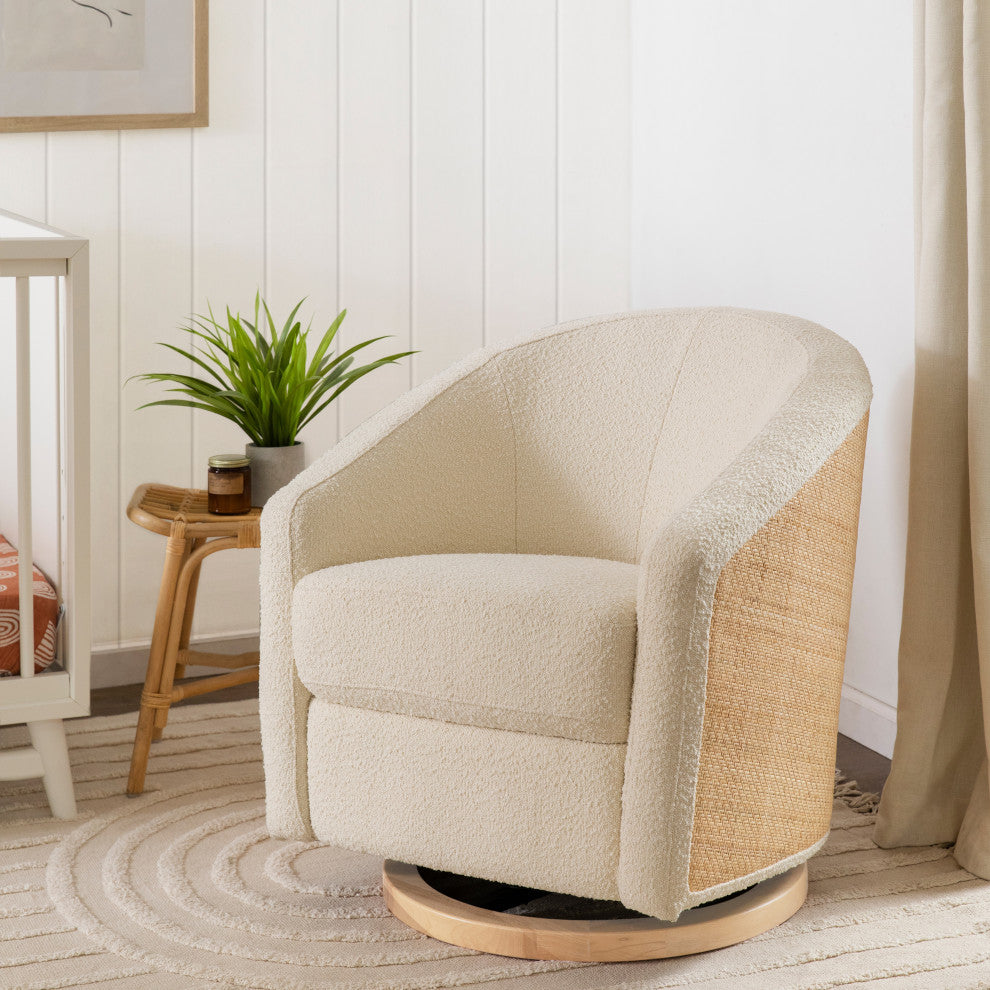 Madison Swivel Glider, Ivory Boucle & Cane With Light Wood Base
