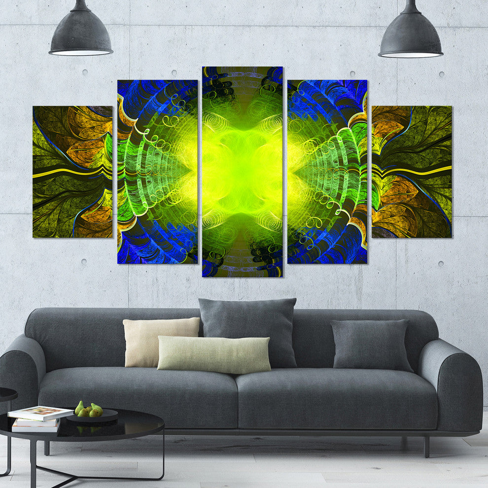 Green Golden Fractal Stained Glass, Abstract Canvas Art Print, 60"x32", 5 Panels
