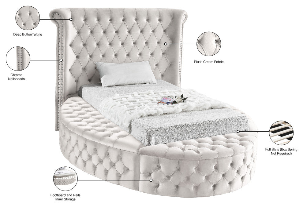 Luxus Button Tufted Velvet Round Bed, Cream, Twin