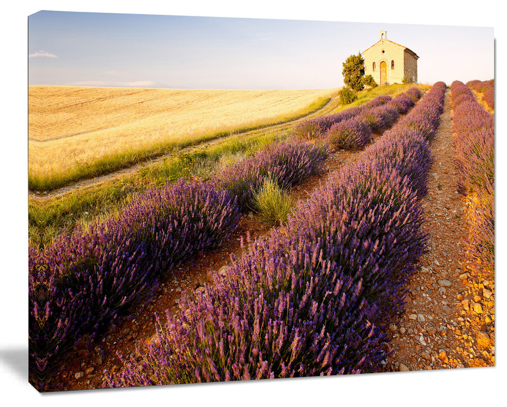 Chapel with Lavender and Grain Field, Large Flower Canvas Wall Art, 40"x30"