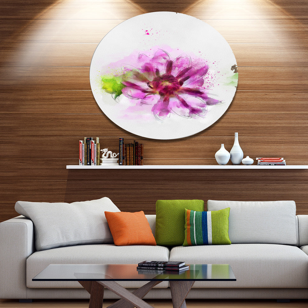 Purple Flower With Green Leaves, Floral Round Metal Wall Art, 11"