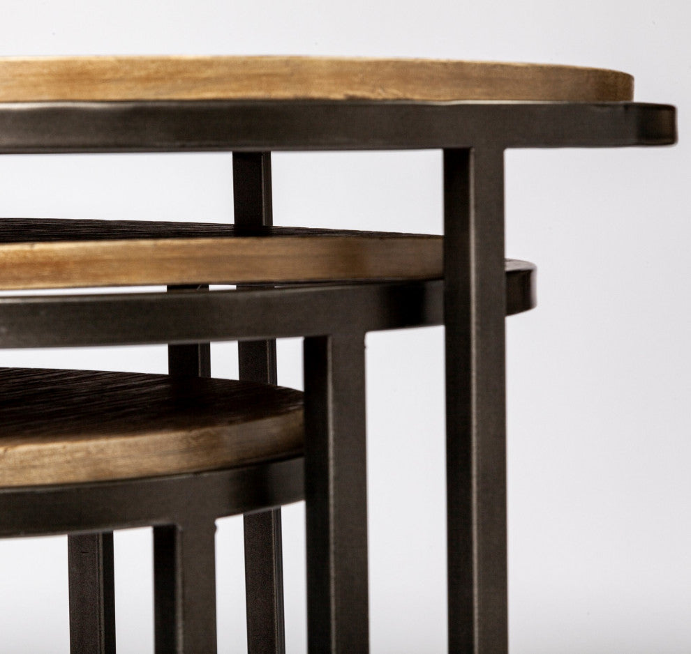 Glover Medium Brown Solid Wood w/ Black Metal Base Nesting Accent Tables