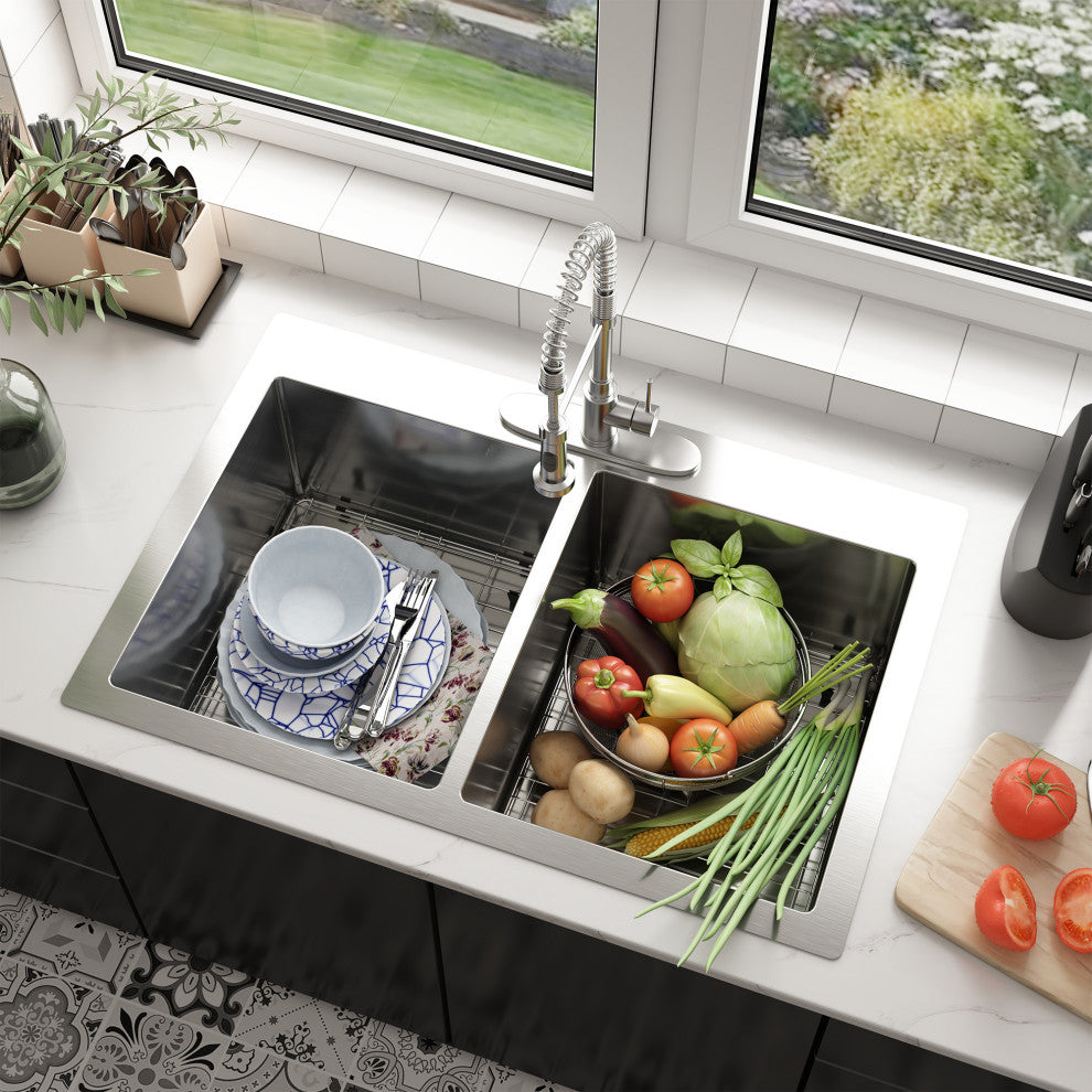 Stainless Steel Topmount Double Bowl Kitchen Sink with Accessories
