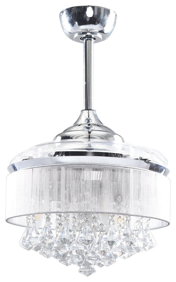 36 Inch Chrome Crystal Ceiling Fan With Remote, Retractable Blades