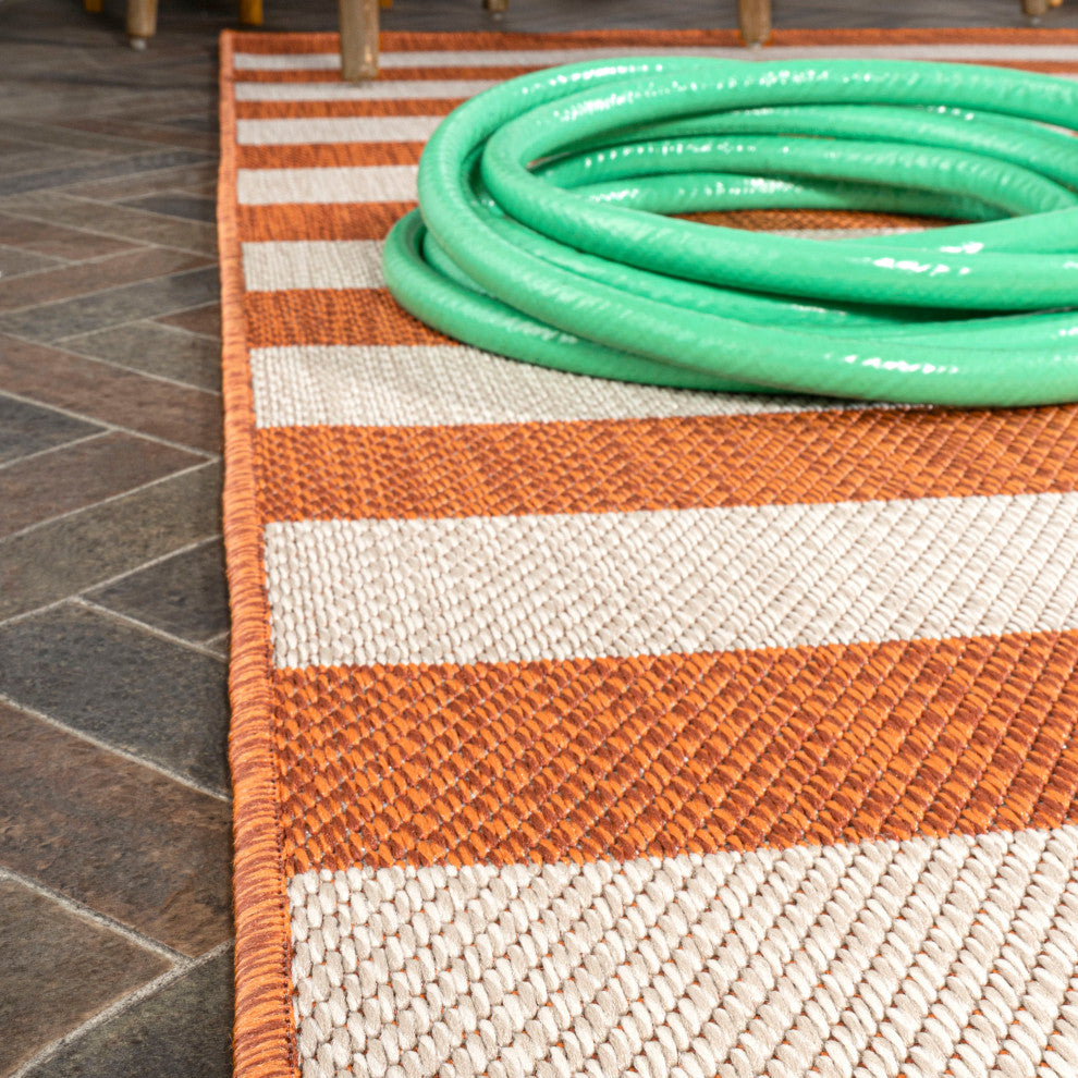Negril Two-Tone Wide Stripe Indoor/Outdoor Area Rug, Orange/Beige, 2x8