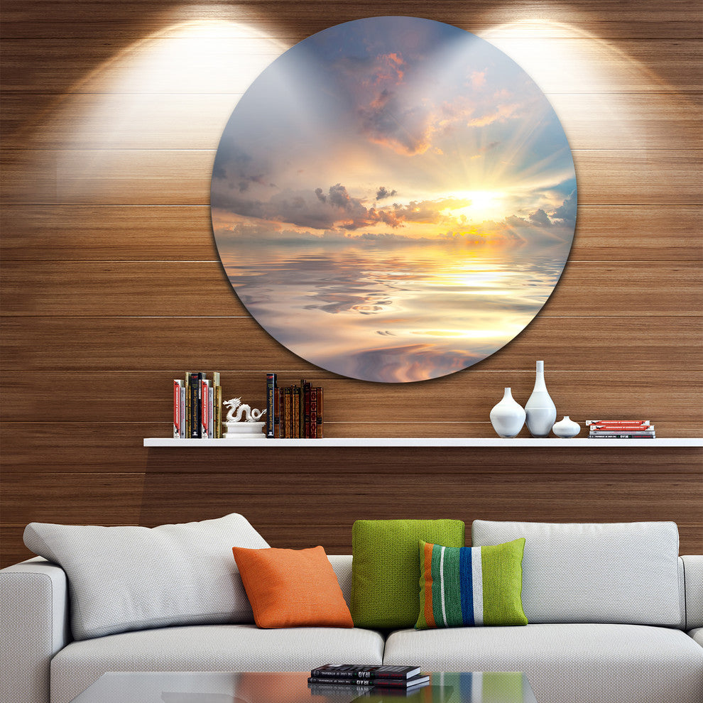 Sunset Over Sea With Reflection, Landscape Disc Metal Wall Art, 23"