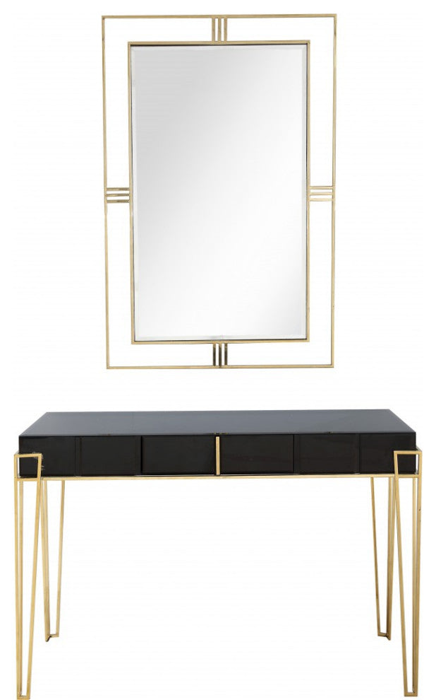 Modern Black and Gold Console Table and Mirror Set
