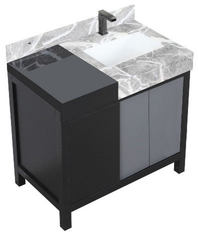 Zilara 36" Black and Grey Vanity, Castle Grey Marble Top, and Faucet Set