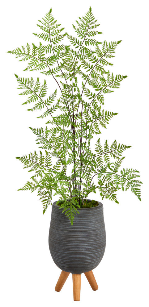 39" Ruffle Fern Artificial Tree, Gray Planter With Stand
