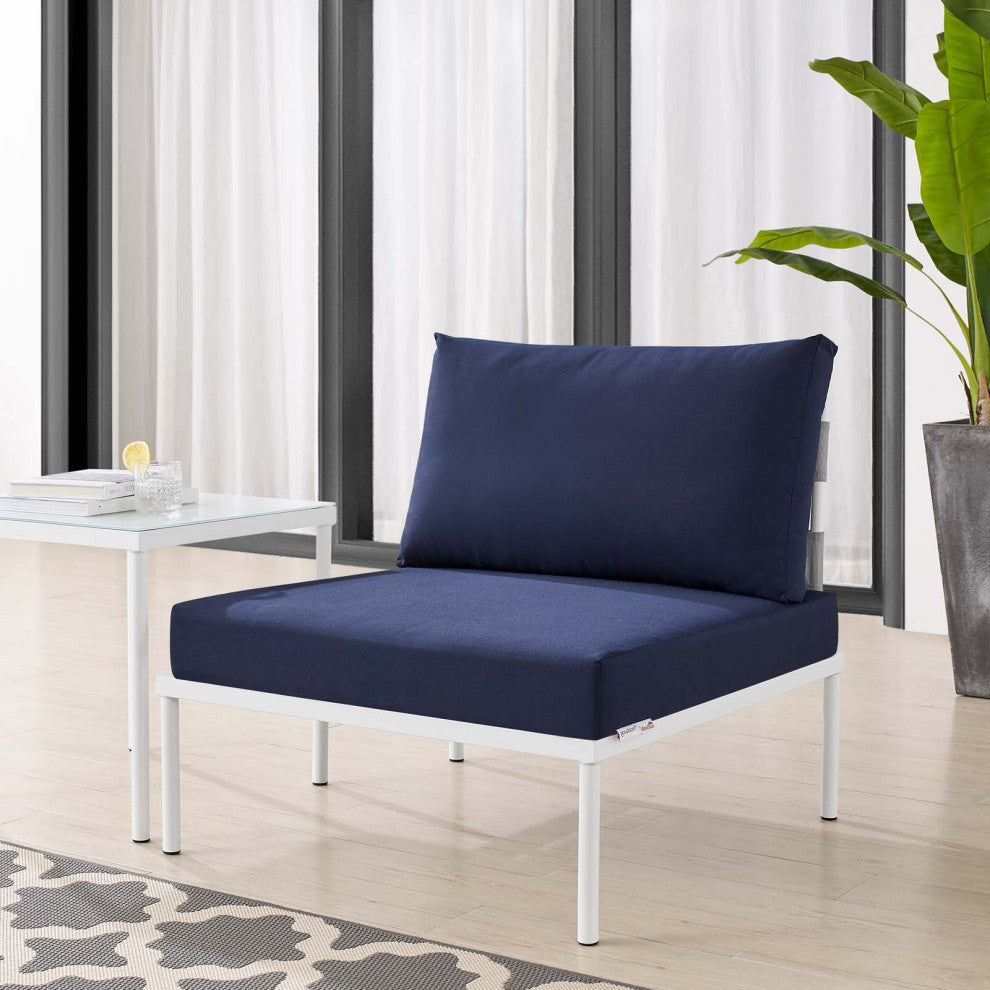 Side Dining Chair, Sunbrella, Aluminum, Metal, Gray Blue Navy, Outdoor