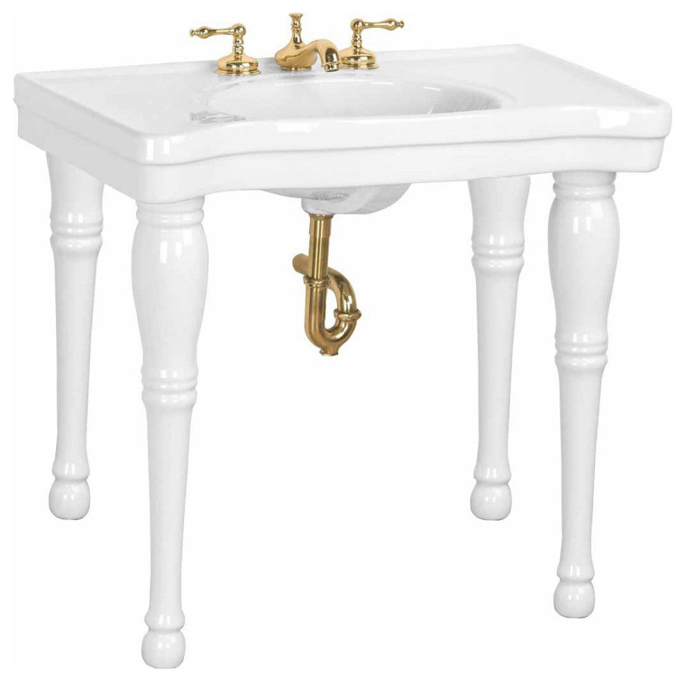 White Console Sink Belle Epoque with Spindle Legs and Widespread Faucet Holes