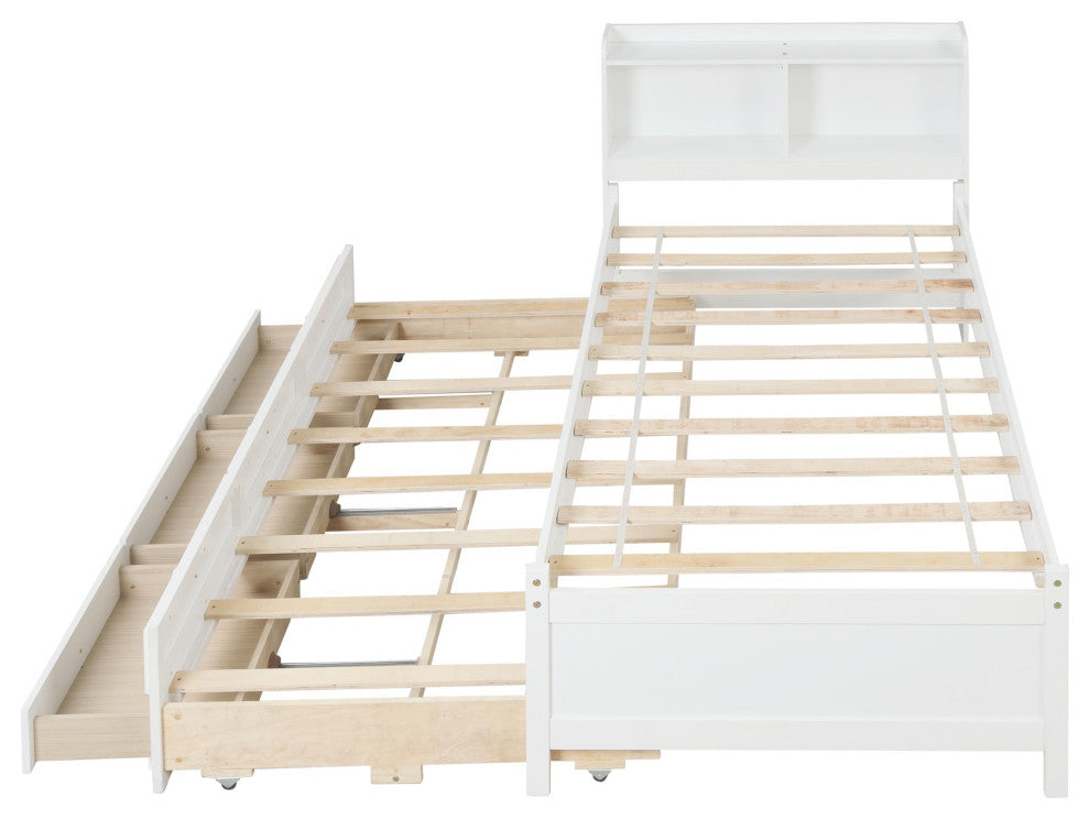 Full/Twin Wood Frame Platform Bed with Trundle and Drawers, White, Twin