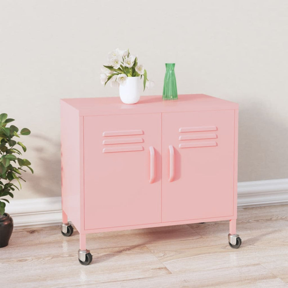 Lifestyle context photo showing the pink cabinet in a room.