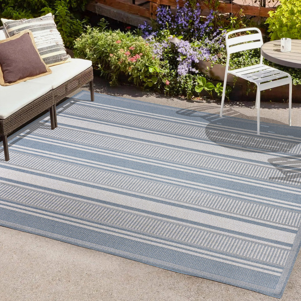 Haynes Modern Double Stripe Indoor/Outdoor Area Rug, Blue/Light Gray, 8x10