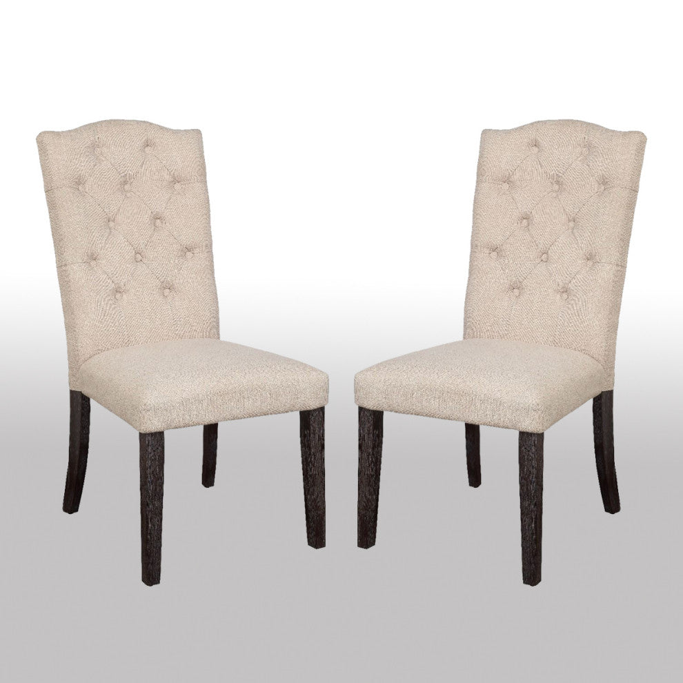 Set of 2 Linen Upholstered Side Chair, Beige/Weathered Espresso Finish