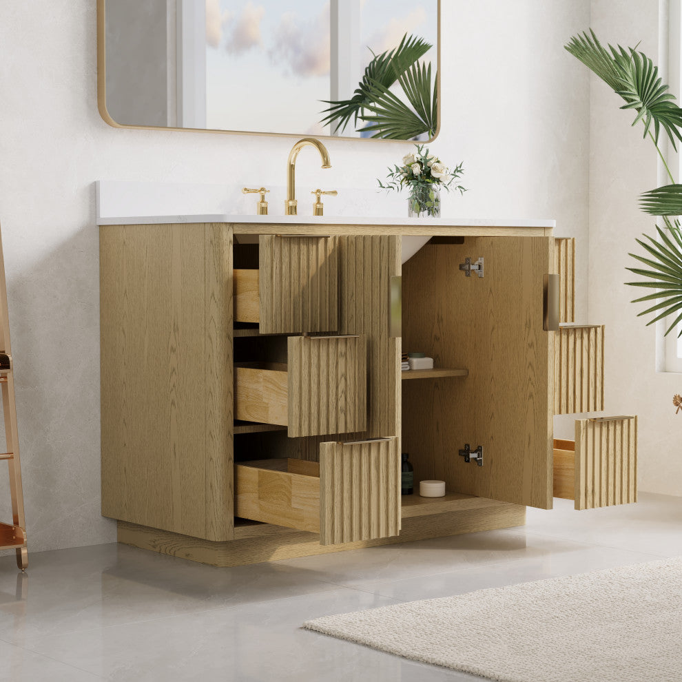 Solid Wood Freestanding Bathroom Vanity with White Quartz Top and Backsplash, 48"