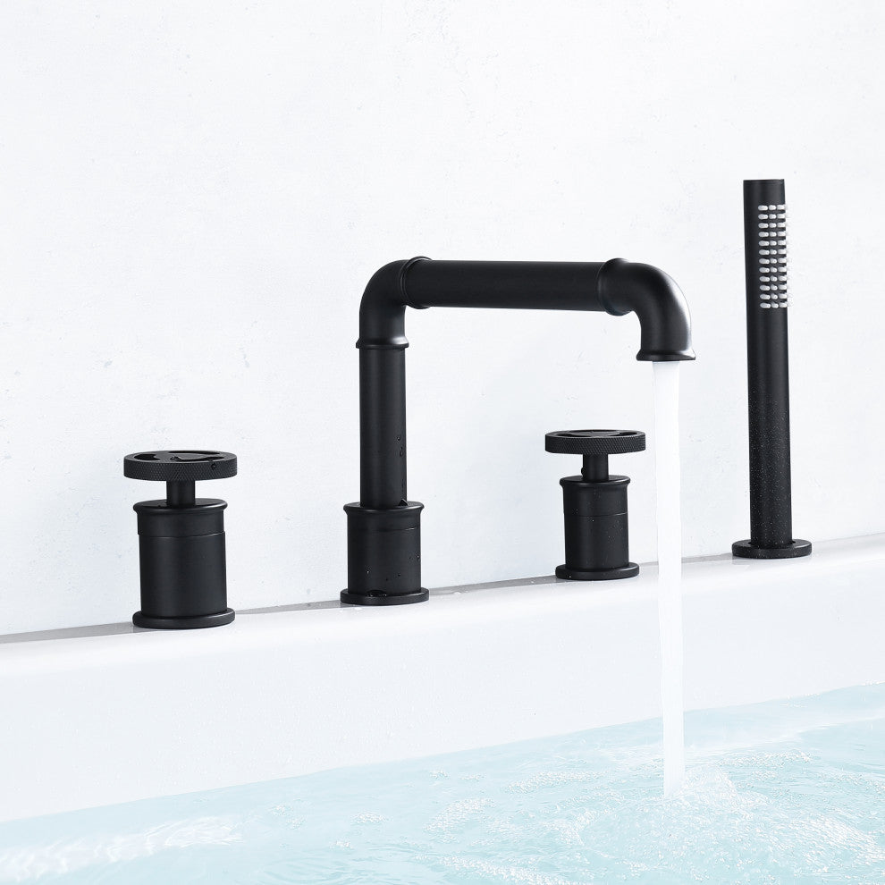 Deck Mounted Modern Tub Filler With Double Wheel Handles And Handshower, Matte B