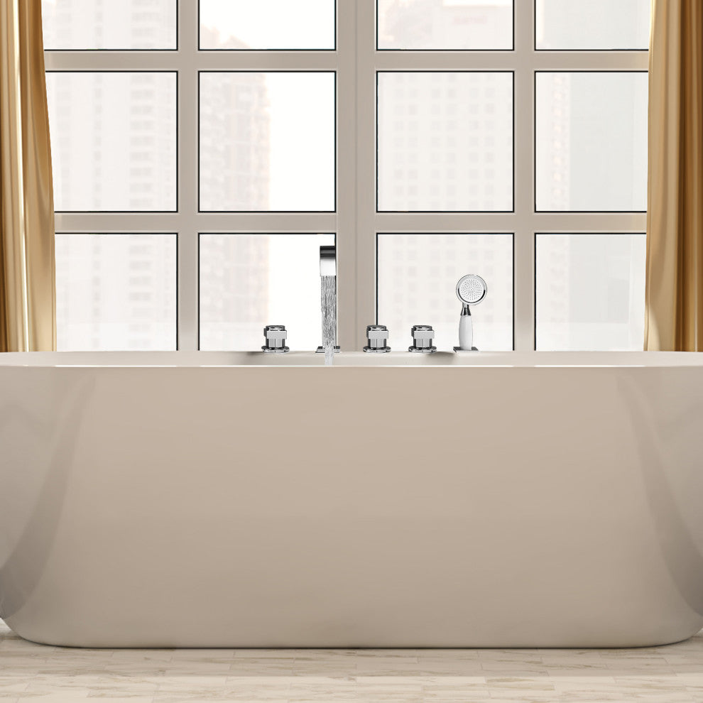 Vikran Triple Handle Deck-Mount Roman Tub Faucet Trim With Handshower, Polished Chome