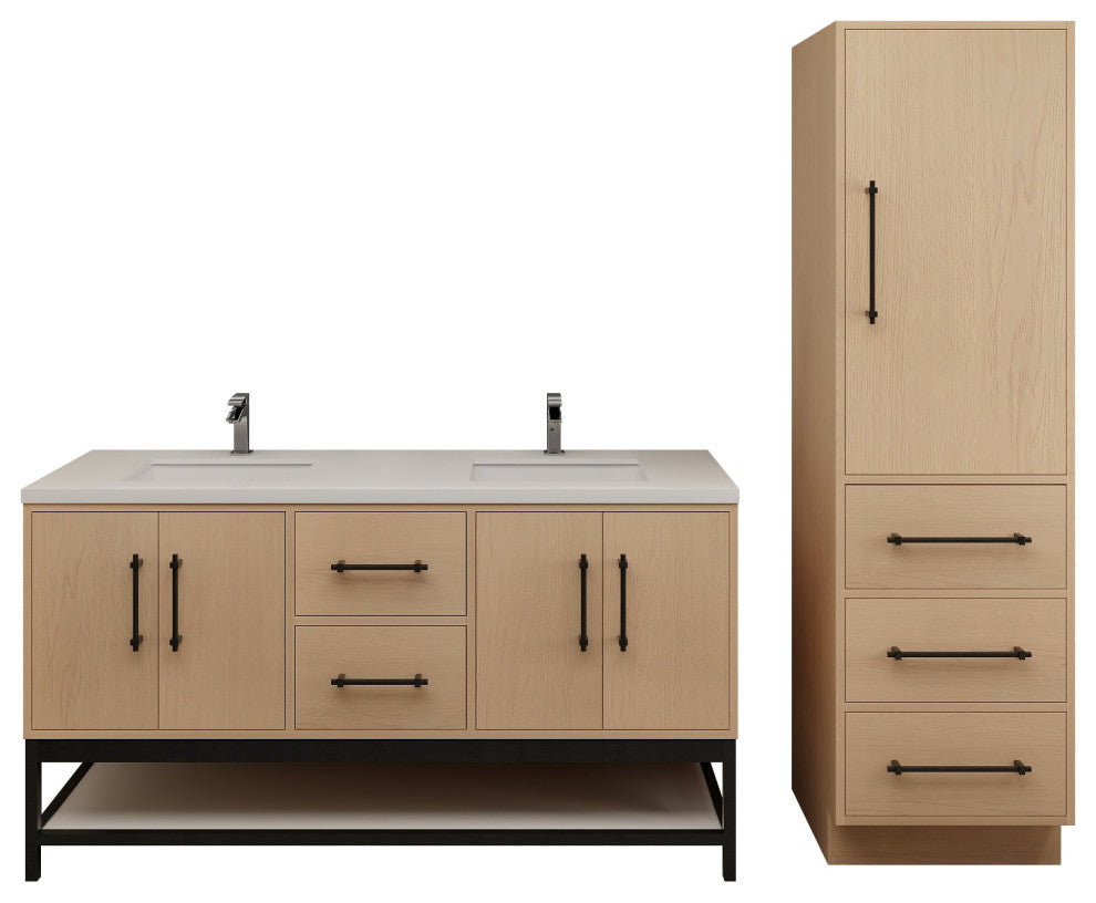 Victoria 60'' Solid Wood Open Shelf Bath Vanity Double Sink, Yellow Oak